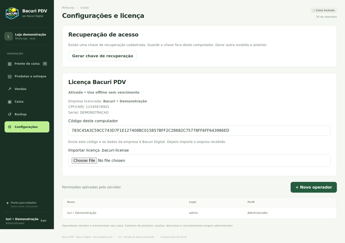 Configurações e licença
